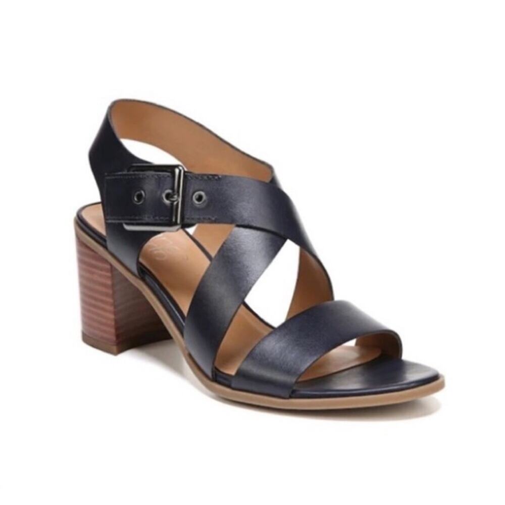 Franco Sarto Navy Leather Crisscross Block Heel Sandals